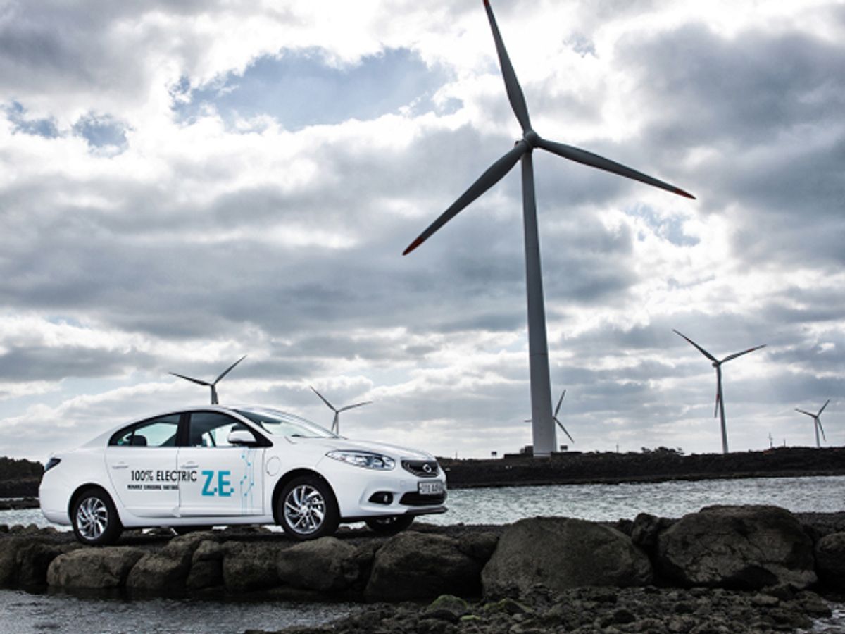 electric car parked in front of wind turbines