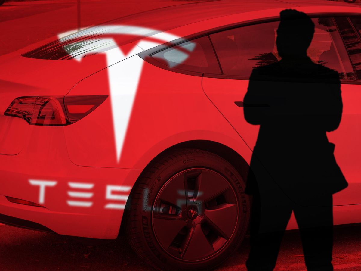 Elon Musk silhouette with Tesla logo and a Tesla car in background