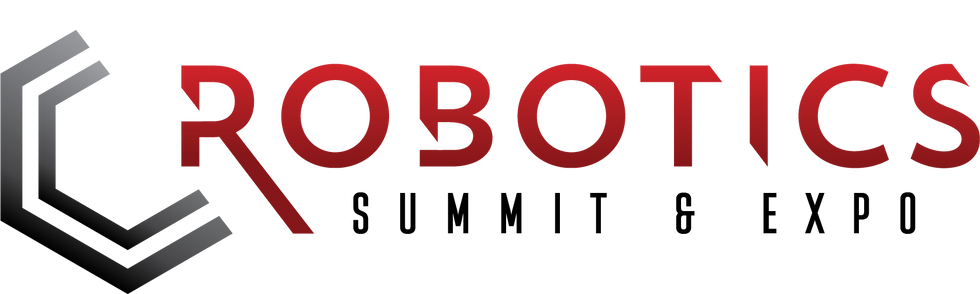 Event logo has white and gray geometric figure on the left and on the right the words Robotics Summit & Expo in black and red.