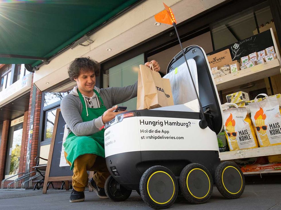 In Hamburg, the six-wheeled robots developed by Starship Technologies navigate using cameras, GPS, and radar to bring groceries to customers 