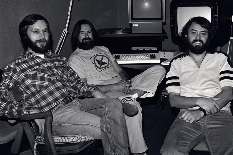3 men (Ed Catmull, Alvy Ray Smith, and Loren Carpenter) sit in front of computers in 1980 at Lucasfilm