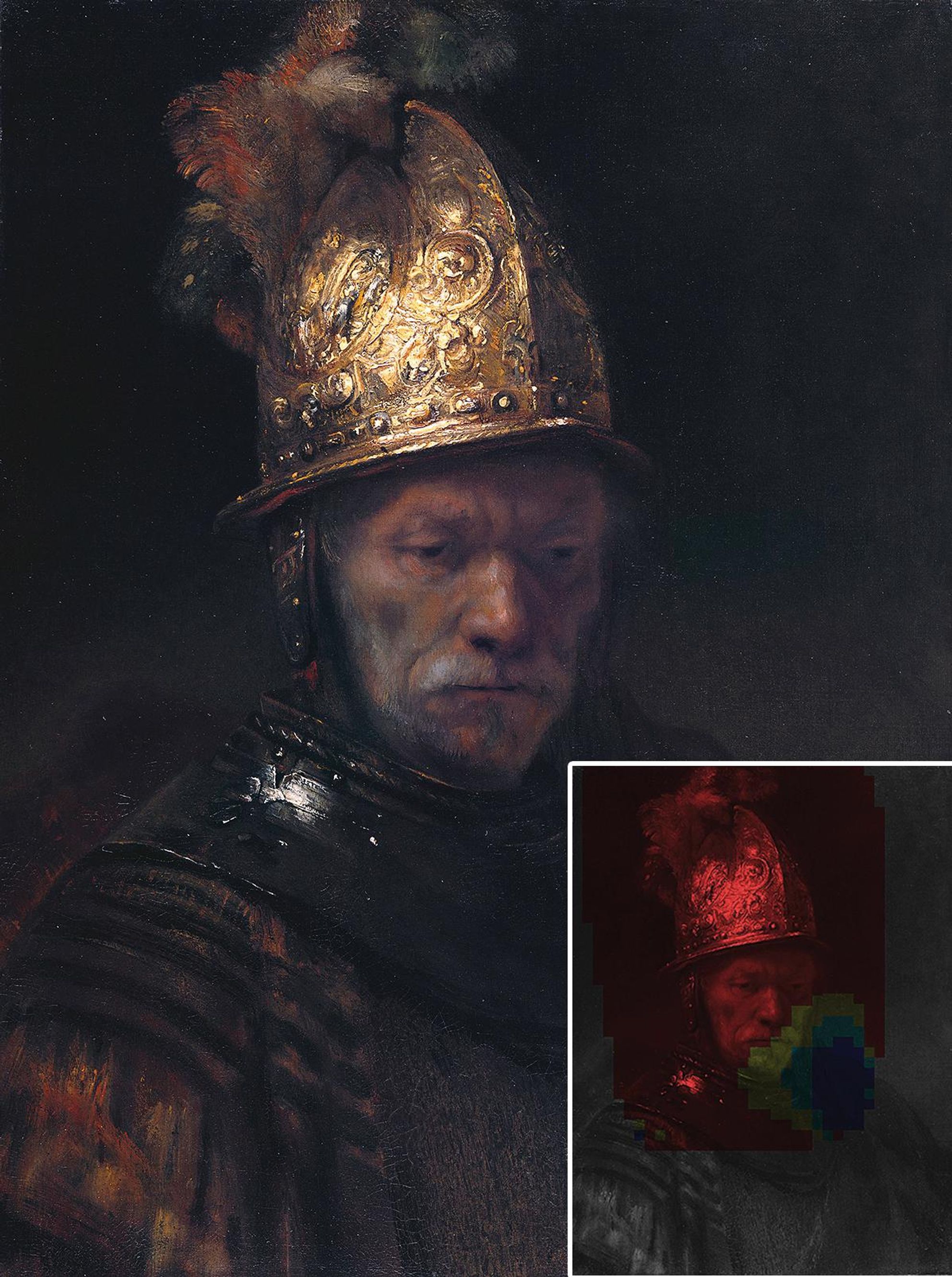 Painting of a man in a golden helmet and a probability map.  