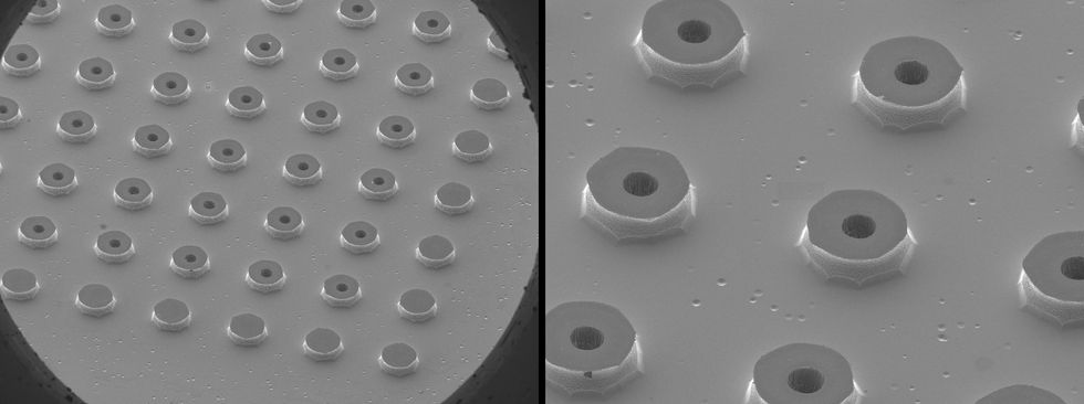 Two micrograph images. Left shows rows of circular nozzles with darker circular centers. Right is a close-up. 