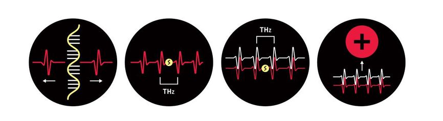 Icons showing the process of a terahertz spectroscopy device.