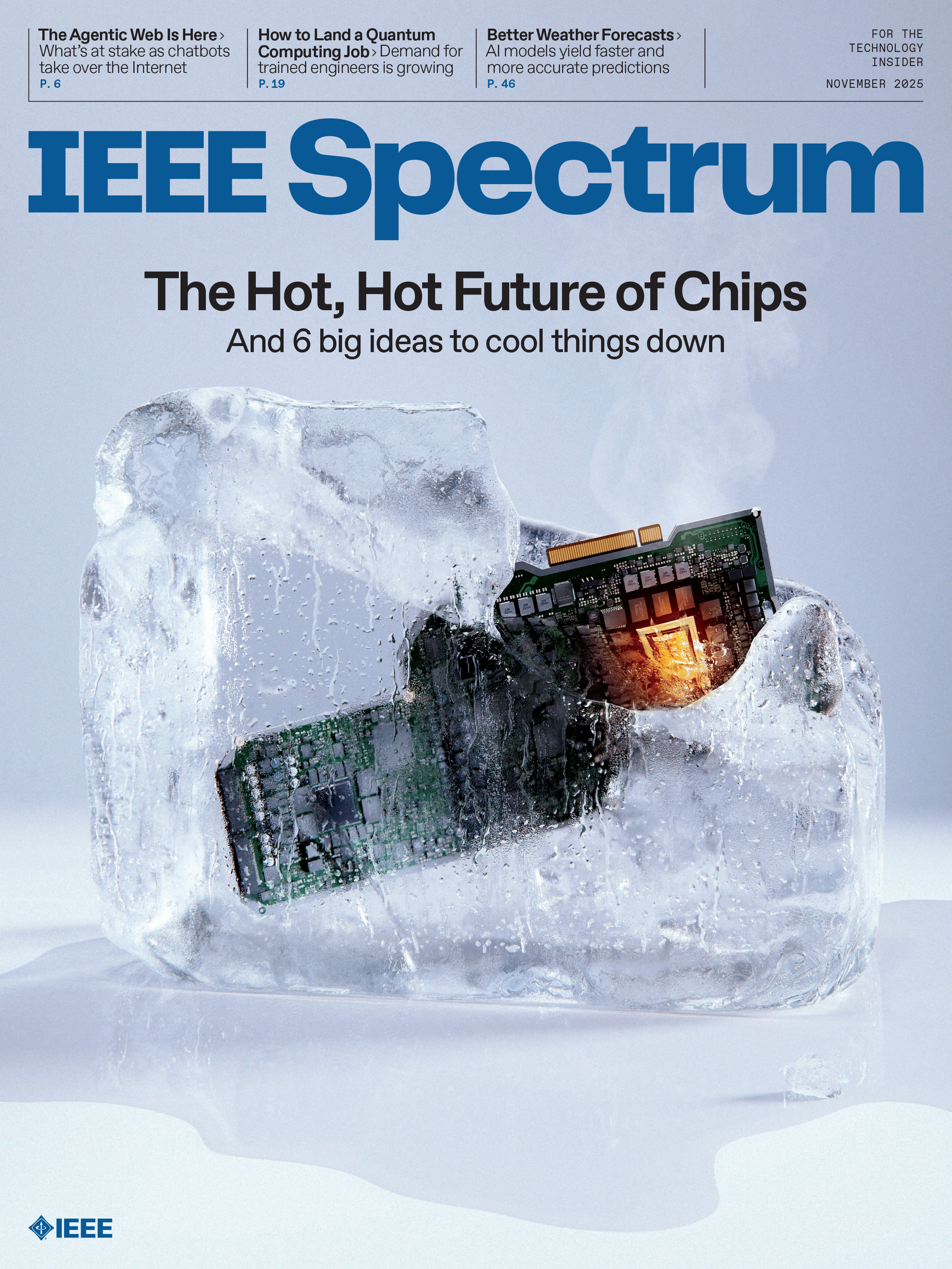 Microchip encased in melting ice block under "IEEE Spectrum", highlighting cooling solutions.