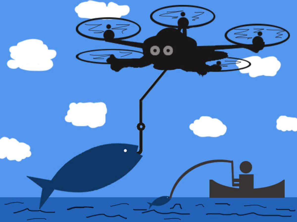 Fanciful depiction of a drone snagging a fish