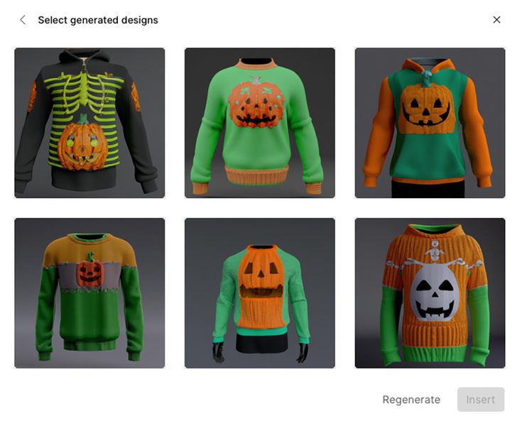 Генеративный инструмент искусственного интеллекта платформы моды CALA, отображающий несколько вариантов уродливого свитера на Хэллоуин.