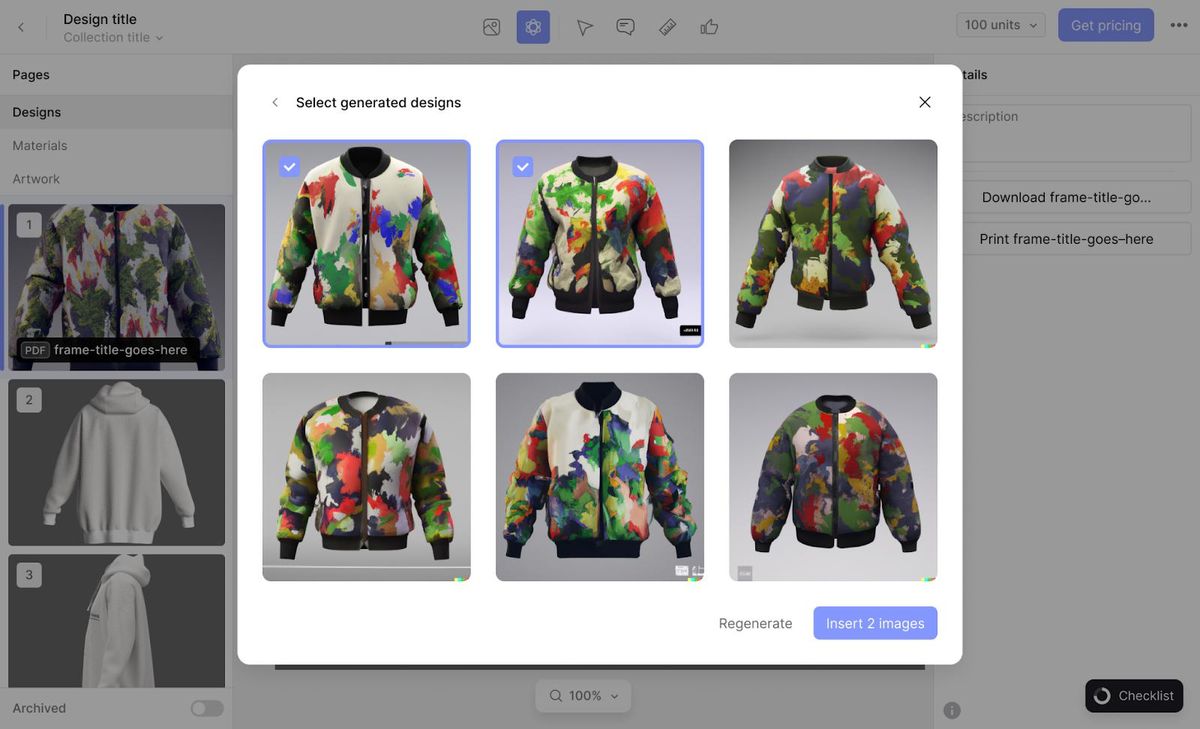 Fashion platform CALA's new generative AI tool displays multiple AI-generated jackets.