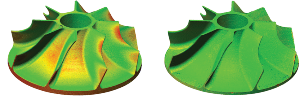 Figure 1. Left: Example of a distorted part, where the blades of an aircraft impeller have warped due to residual stresses. The red color indicates