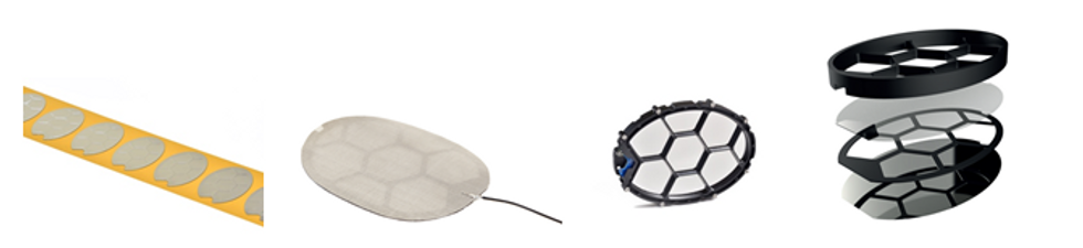 Figure 1. Left to right: WAT\u2019s HPEL transducers; single laminate, assembled, and exploded views of a finished HPEL transducer. All laminates are made in the UK.