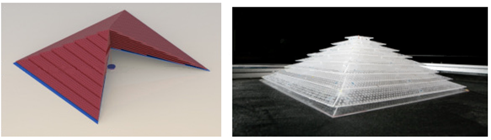 Figure 2. Design (left) and constructed version (right) of the pyramid-shaped 3D acoustic cloaking shell.