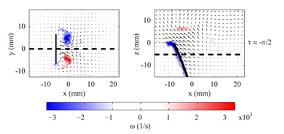 Figure 2: Phase locked PIV measurements for the vorticity (colored contour map) and the in-plane velocity (vector field) of an unconfined fan.