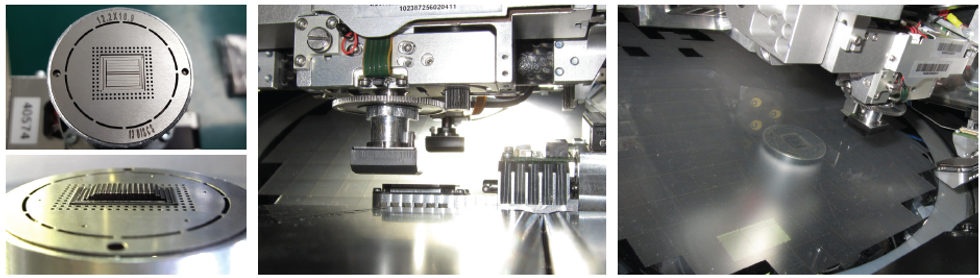 Figure 4. Left: Top and side views of the Multi Disc Ejector. Center: Pickup tool in the Die Bonder. Right: Tape removal in progress, showing empty