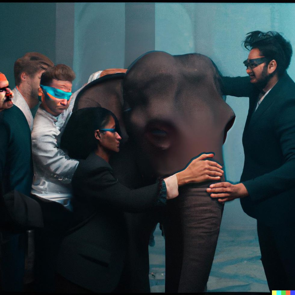 Five people in business suits and blindfolds are gathered around an elephant and are touching it.u00a0