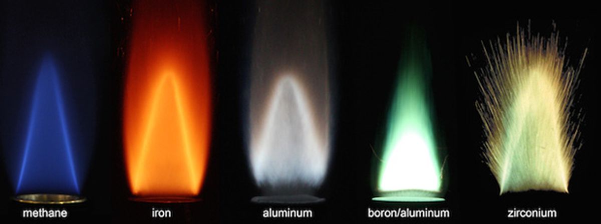 Flames from burning methane, iron, aluminum, boron, and zirconium