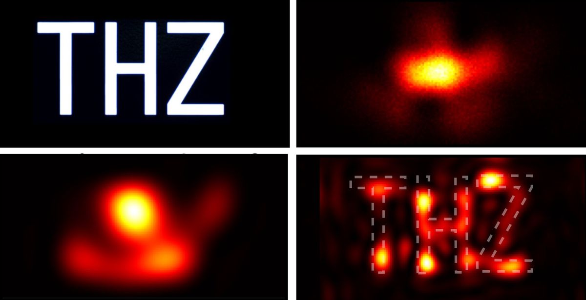 Four images in a grid labelled object, measured, lens and superlens show the letters THZ.