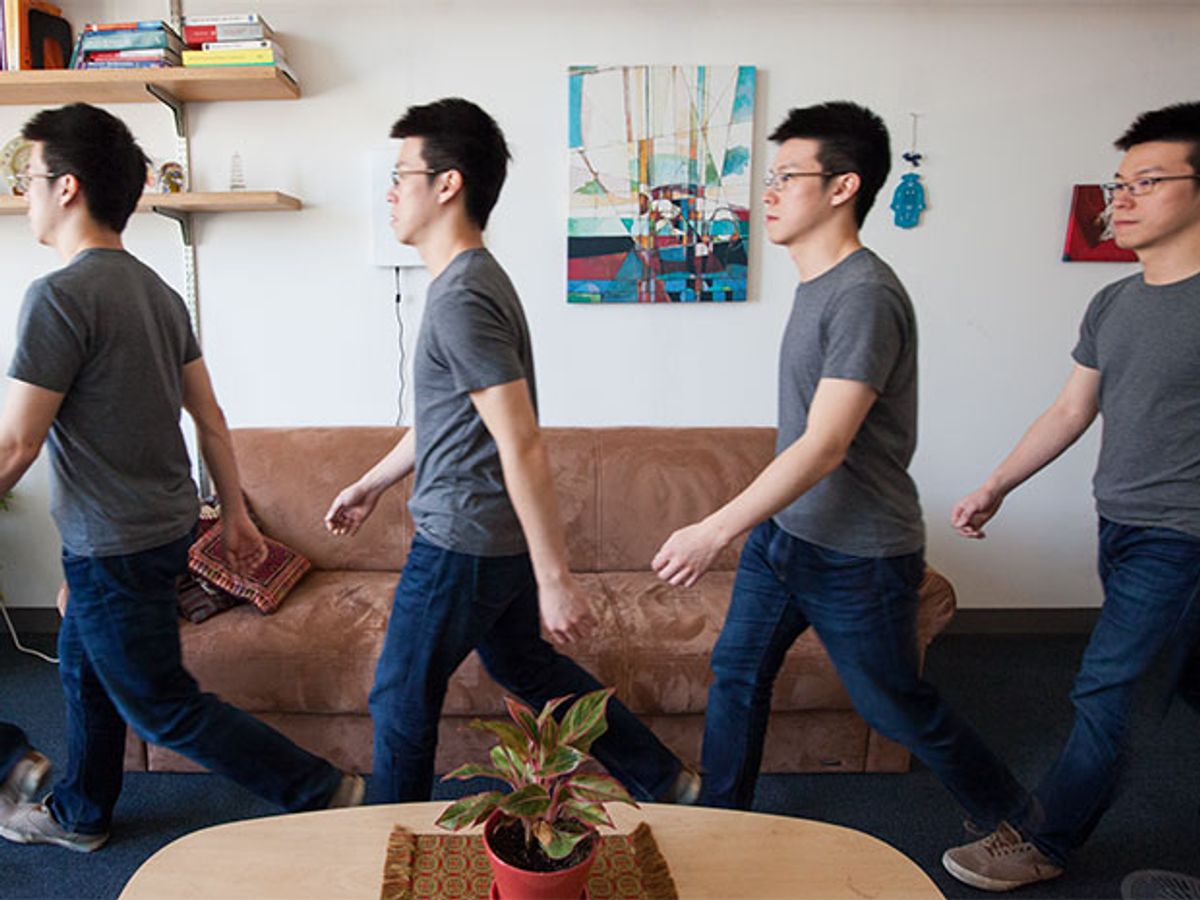 Four images of a man walking across a room between a coffee table and a sofa