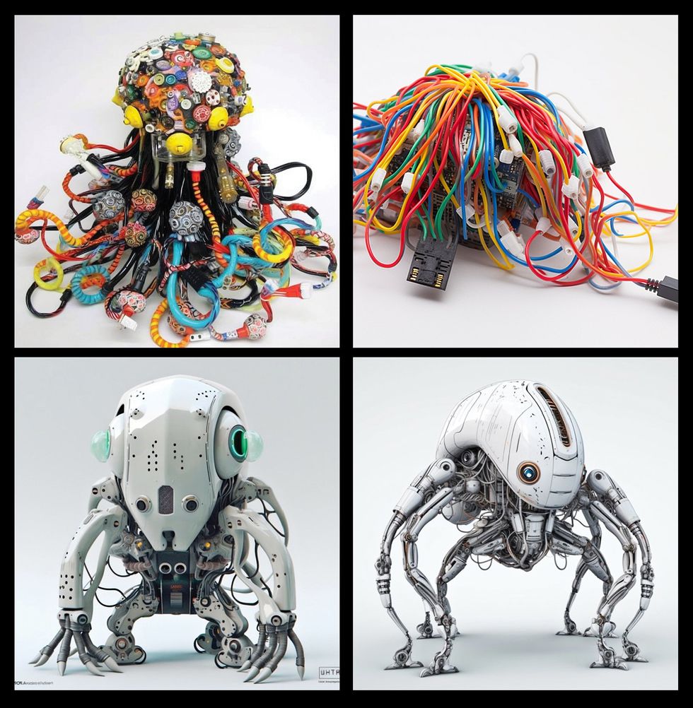 Four images of a tentacled mechanical-looking creature. 