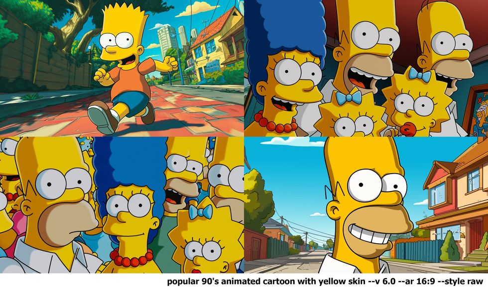 Four images showing yellow skinned cartoon characters from The Simpsons