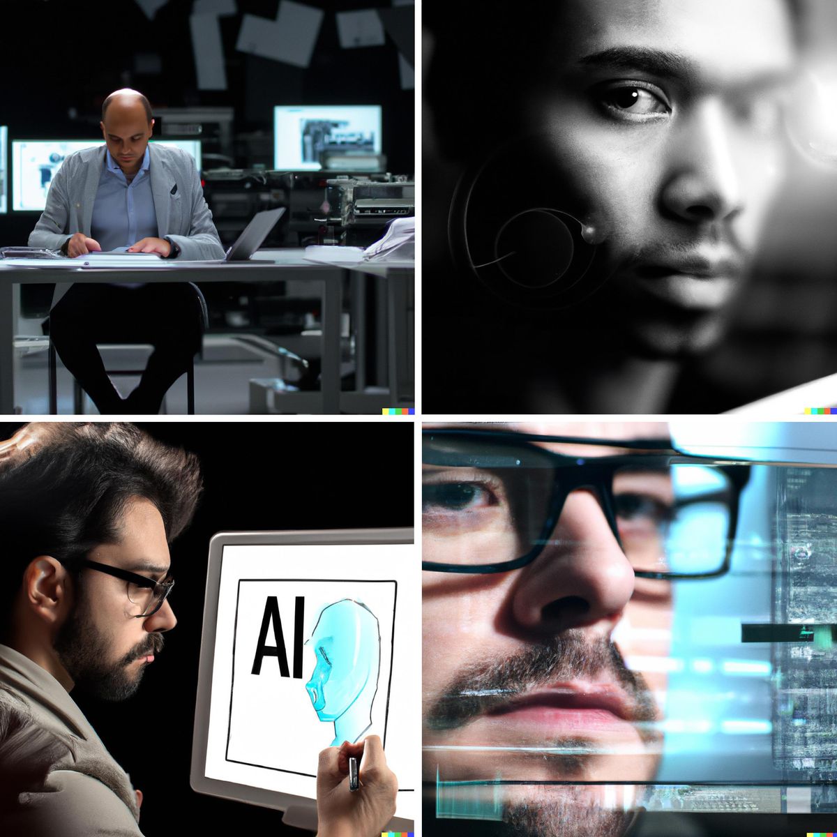 Four photorealistic images of men. One is sitting at a desk in an office environment, one is shown drawing on a computer screen, and two are close-ups of faces.