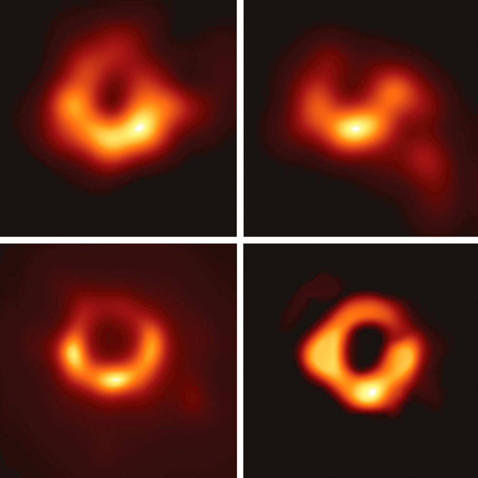 Four teams of researchers, working independently, produced the first images of the M87 black hole. Two of the four imaging teams used traditional algorithms from radio astronomy to produce images of the black hole (top two). The other two teams used a more modern class of algorithms developed for the Event Horizon Telescope data (bottom two). While the four images produced by these teams differ in many details, they each show the same fundamental structure\u2014a\u00a0luminous ring of about 40 microarcseconds in diameter, one that is asymmetrical with the brighter portion at the bottom. The diameter of the black hole shadow is particularly important to astronomers in confirming an earlier estimate of the mass of the object, which appears to be about 6.5 billion times the mass of the sun.