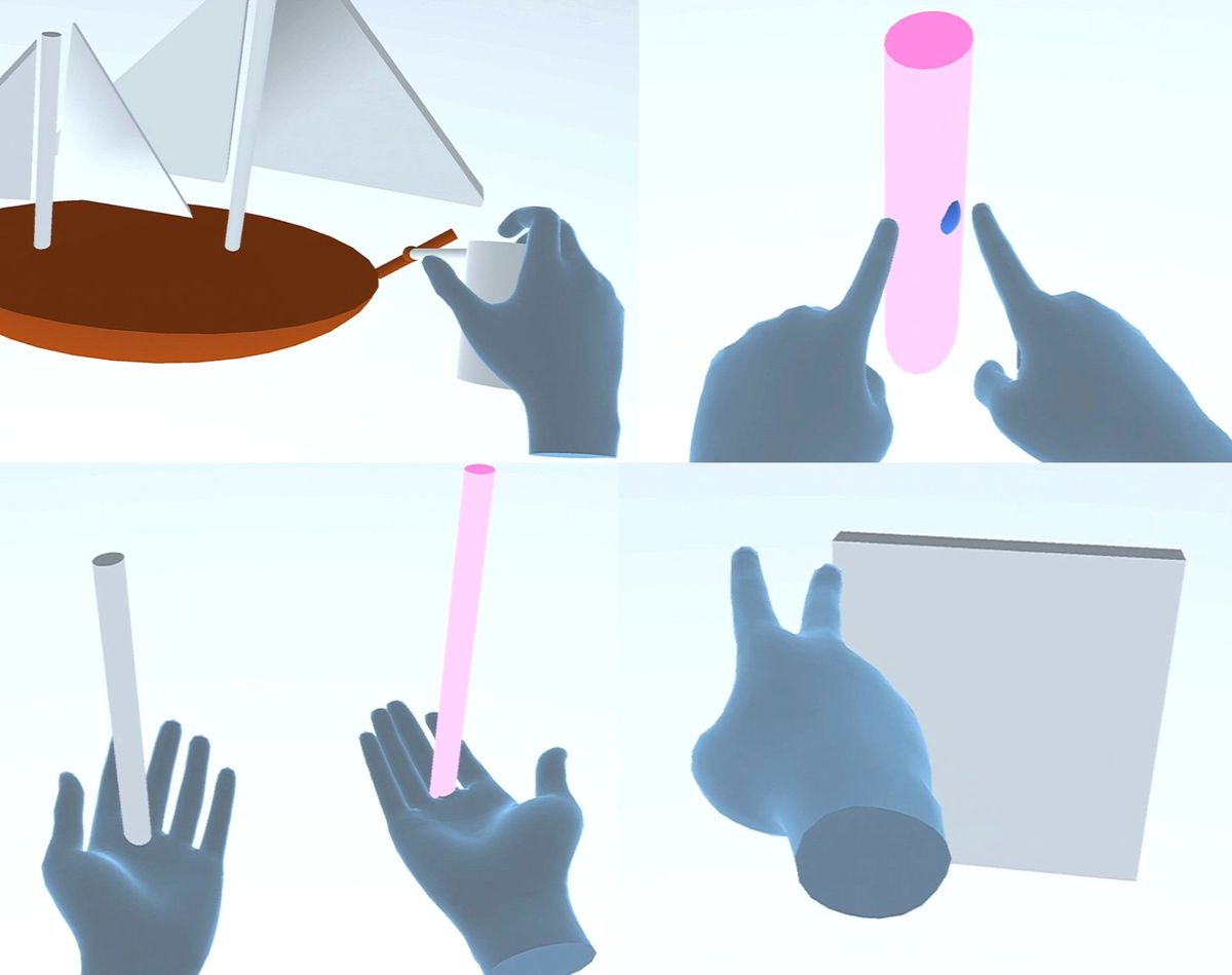 Four virtual images showing hands making gestures towards objects.