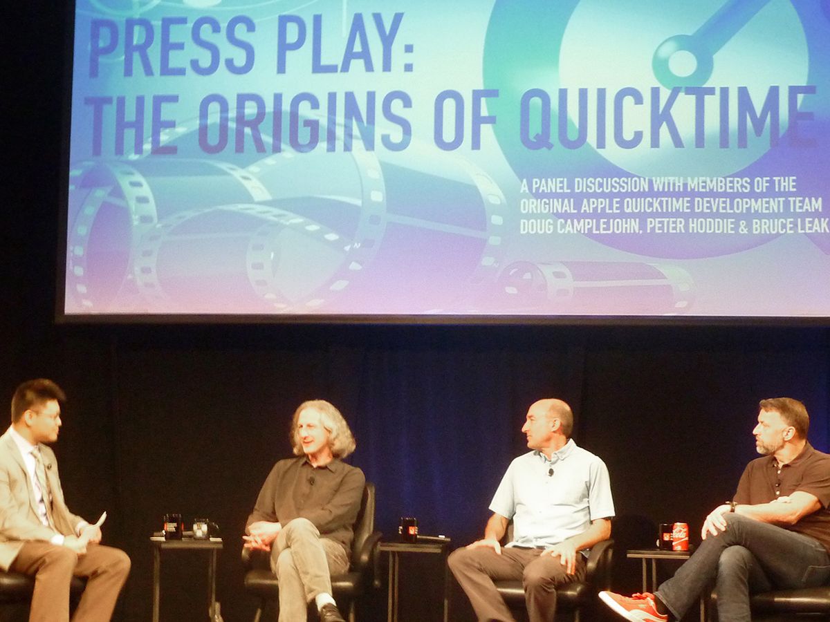 From left, Curator Hansen Hsu, Peter Hoddie, Bruce Leak, and Doug Camplejohn at the Computer History Museum’s Press Play: The Origins of QuickTime event.