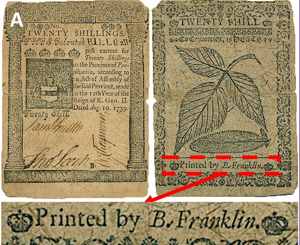 Front and back of yellowed currency Printed by Benjamin Franklin, enlarged