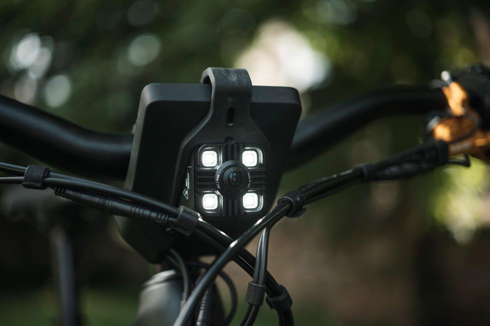 Front mounted camera on Greyp bike.
