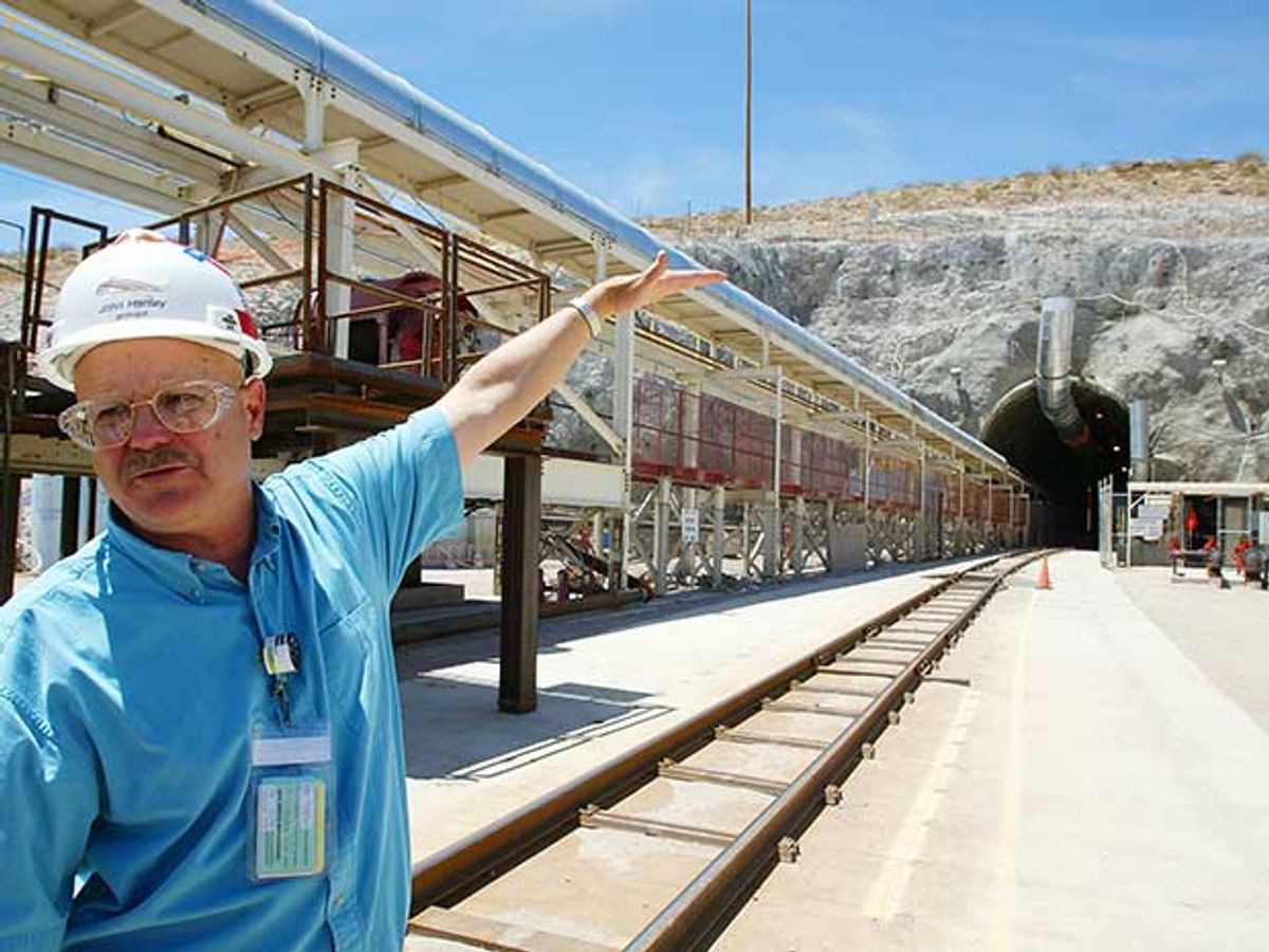 Geologist John Hartley at the entrance to the Yucca Mountain Nuclear Waste Repository in Nevada. | Location: Yucca Mountain, Nevada, USA. May 14, 2002