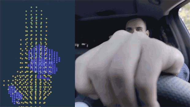 Gif showing the Vayyar Imaging radar point cloud on the left, of the man at the steering wheel seen at the right.