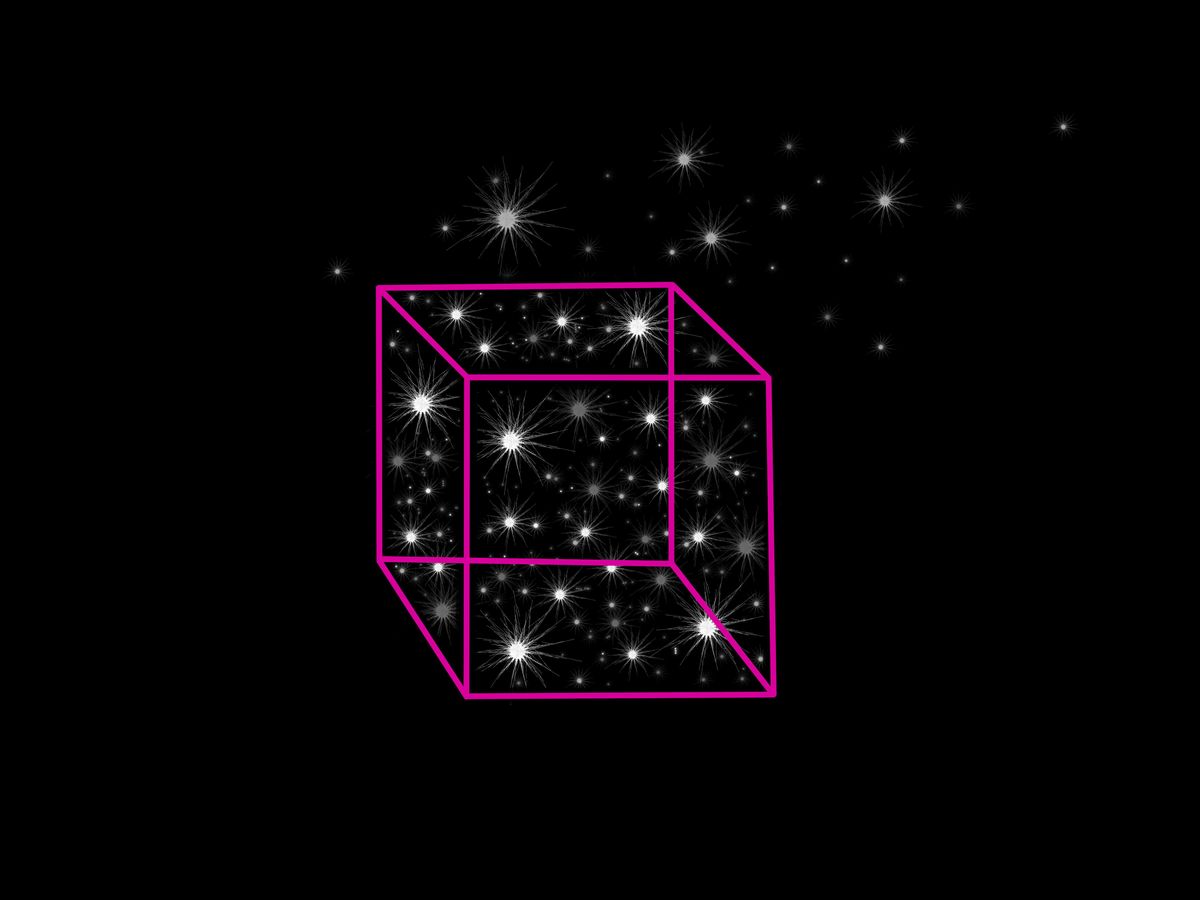 Glowing stars fill a pink-lined cube against a black background; stars spill outside the cube.