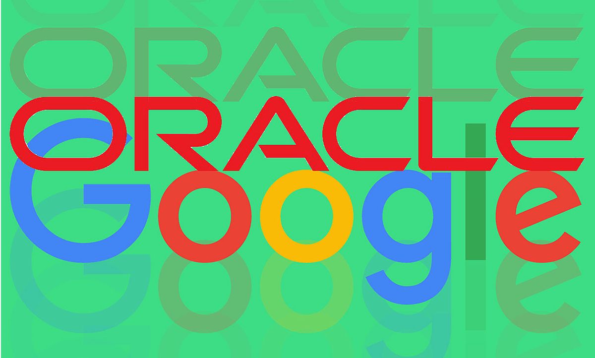Google and Oracle logos intermixed on a background matching Android green.