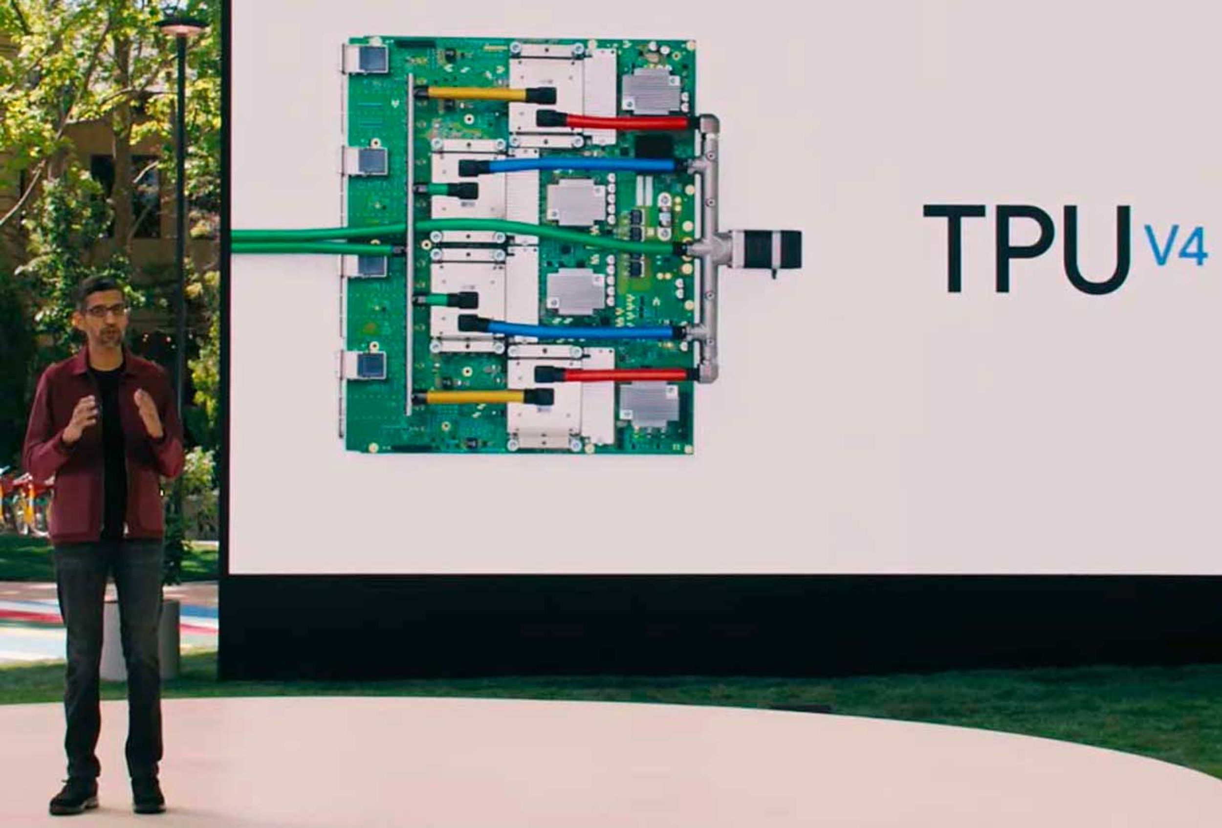 Google CEO Sundar Pichai presenting about the company’s latest AI chip the TPU V4 (Tensor Processing Unit version 4).