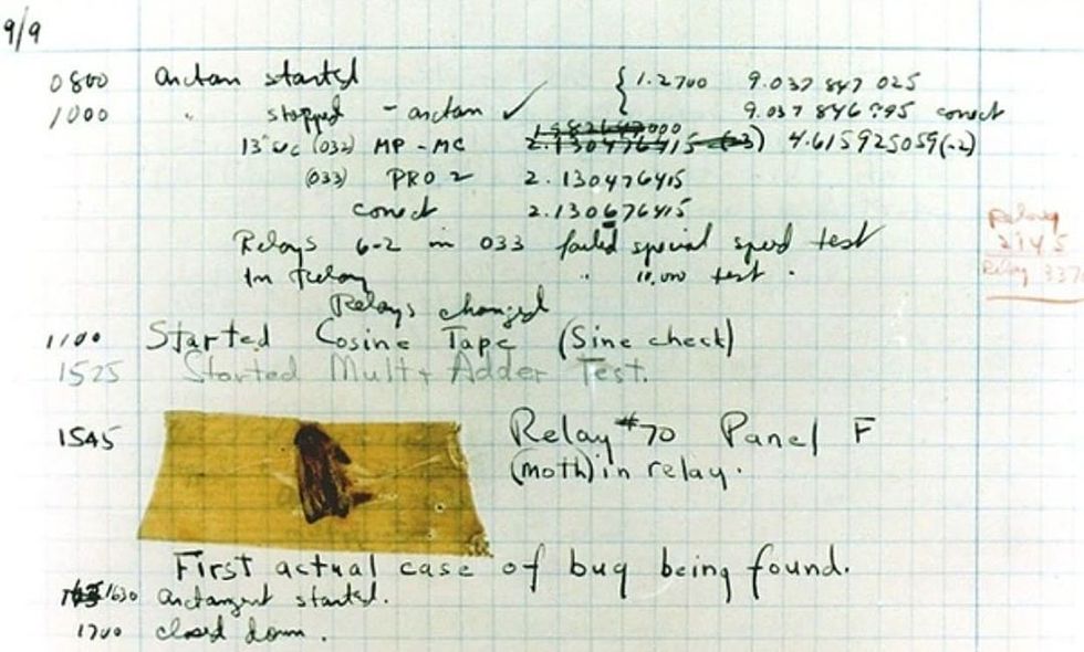 Grace Hopper and staff\u2019s notes showing a dead moth and the word \u201cbug.\u201d