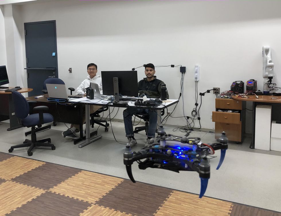 Graduate students test a drone designed and built in Giuseppe Loiannou2019s robotics lab at NYU Tandon.
