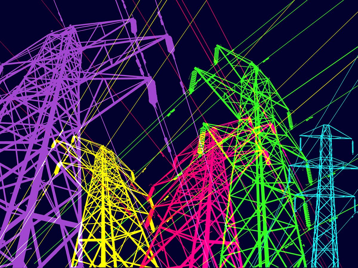 Graphic illustration of multiple electricity pylons from different angles.