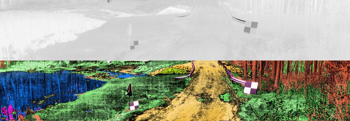 gray image on top and graphic bright colored image of a forest scene and a road on the bottom 