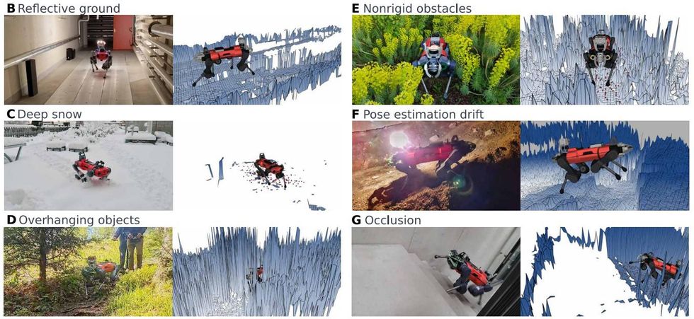 Grid of 12 images showing the ANYmal robot in many different challenging situations