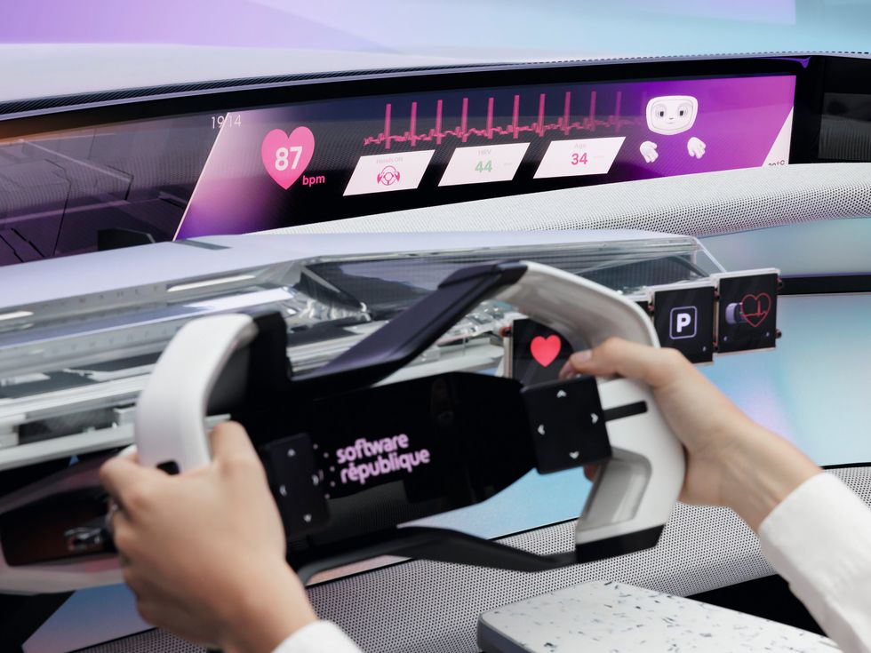 Hands hold a unique looking steering wheel with a digital interface that says software republique. A display on the car window shows the driver's heart rate and other biometrics.