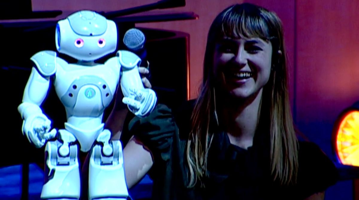 Heather Knight with Nao robot during TED performance