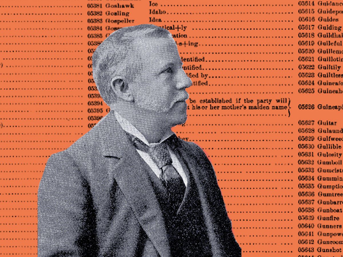 Historical photograph of Frank Miller superimposed over text from his book Telegraphic Code to Insure Privacy and Secrecy in the Transmission of Telegrams.