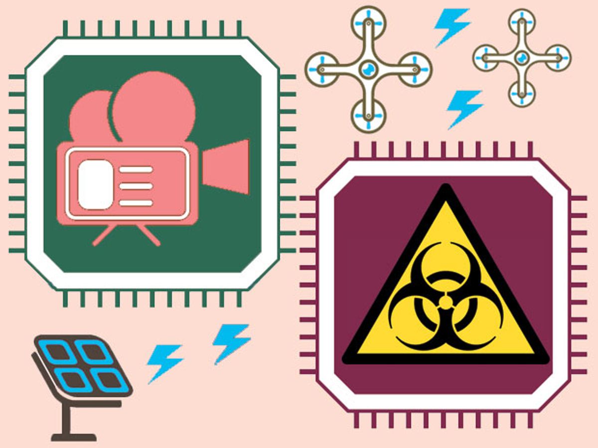 Icons of biohazards, video cameras, and microchips