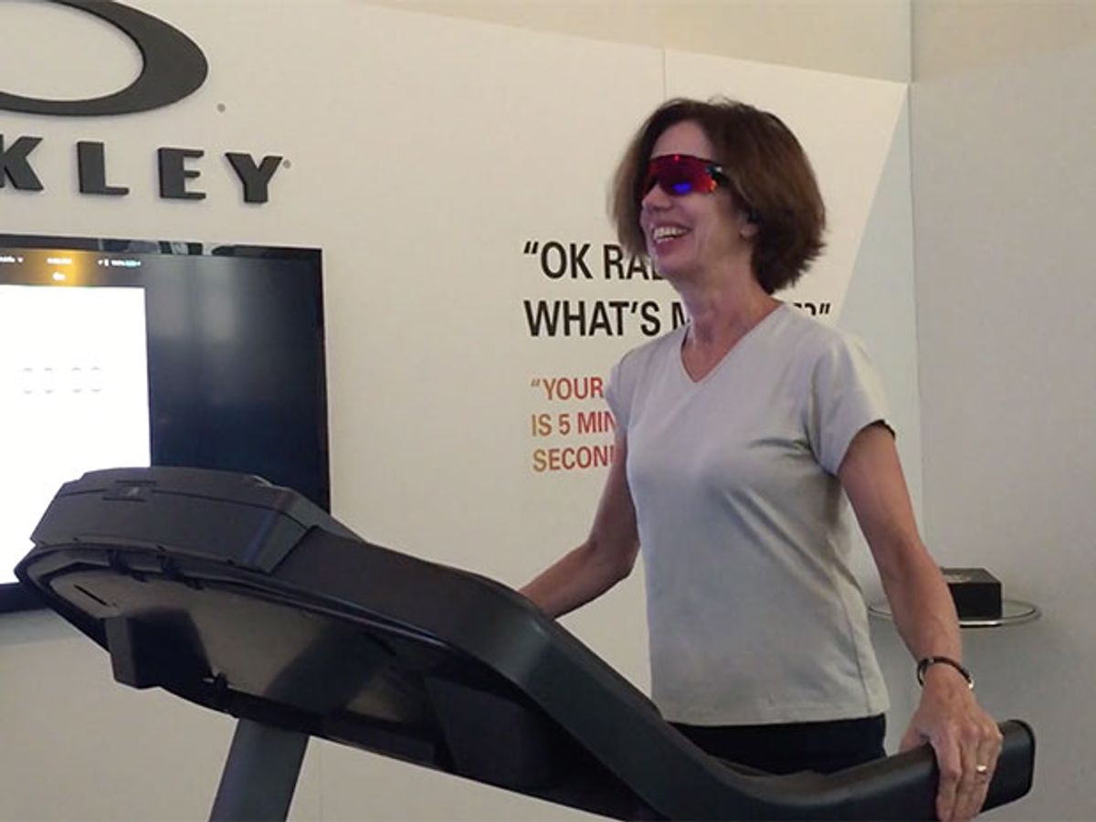 IEEE Spectrum senior editor Tekla Perry takes a treadmill jog while asking Radar Pace smart glasses questions