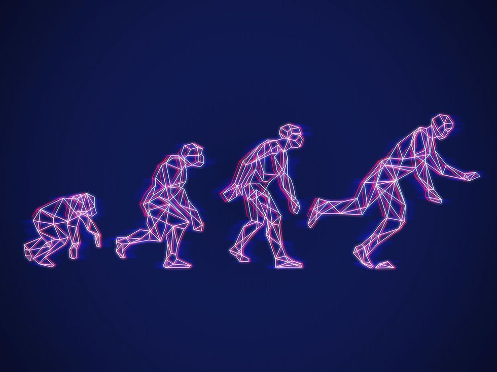 Illustration, AI evolving into a human walking, but stumbling on a rock.