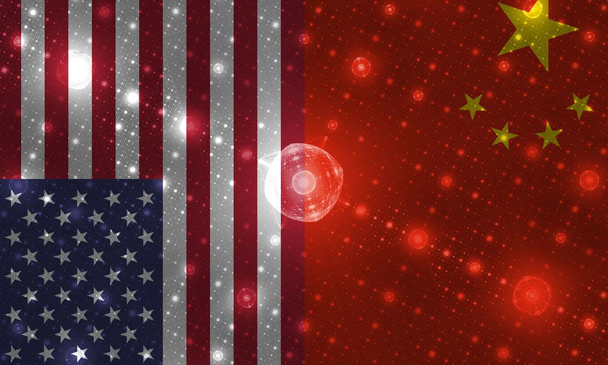 Illustration concept of United States and China working on quantum.