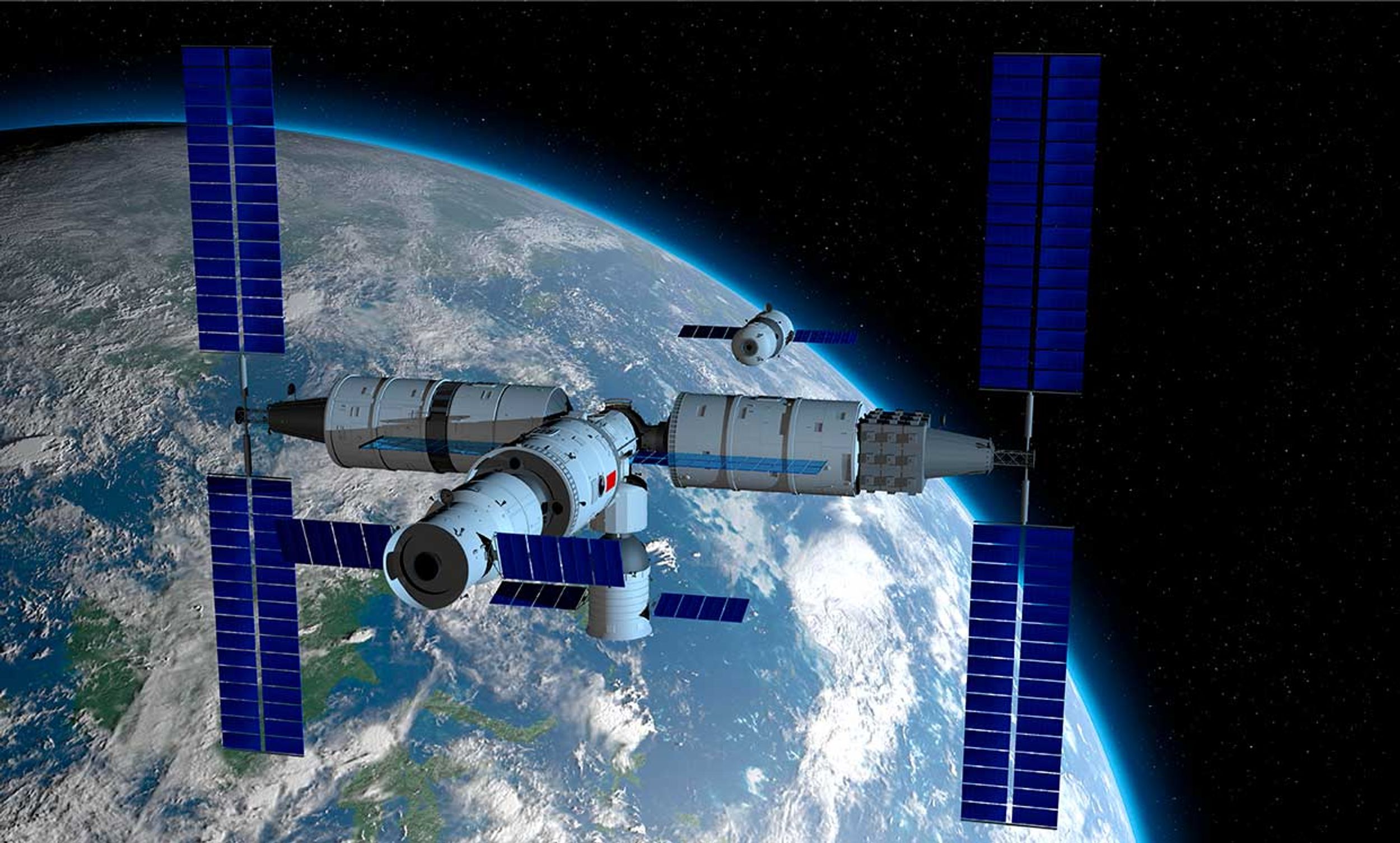 Illustration conceptualizing Shenzhou manned space vessel in the direction of coupling to the TIANHE core module in TIANGONG 3 - Chinese space station with the planet Earth behind