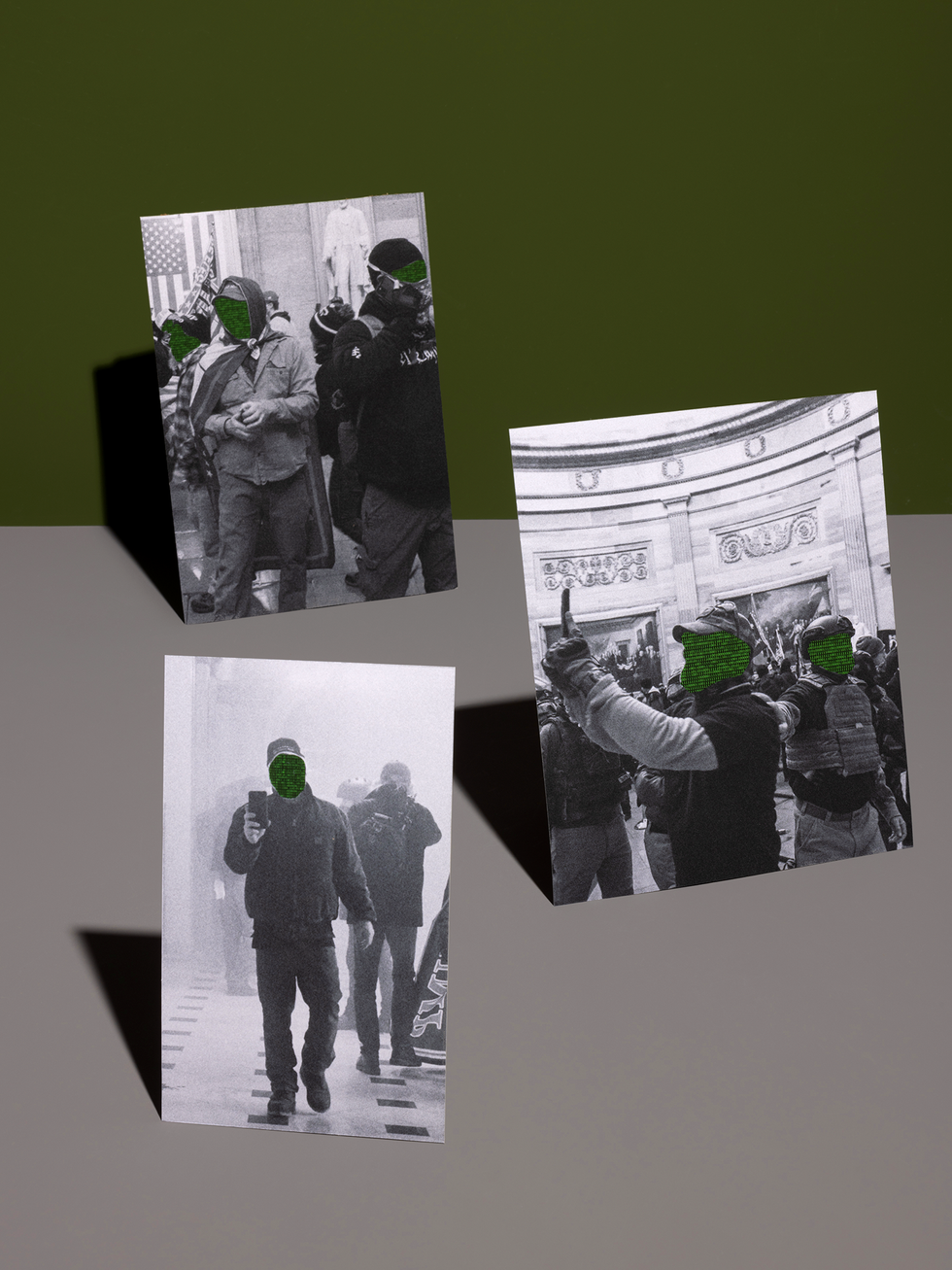 Illustration consisting of 3 black-and-white photos of people inside the U.S. Capitol building during the 6 January 2021 riot. Some of the faces are overlaid with a green mesh.