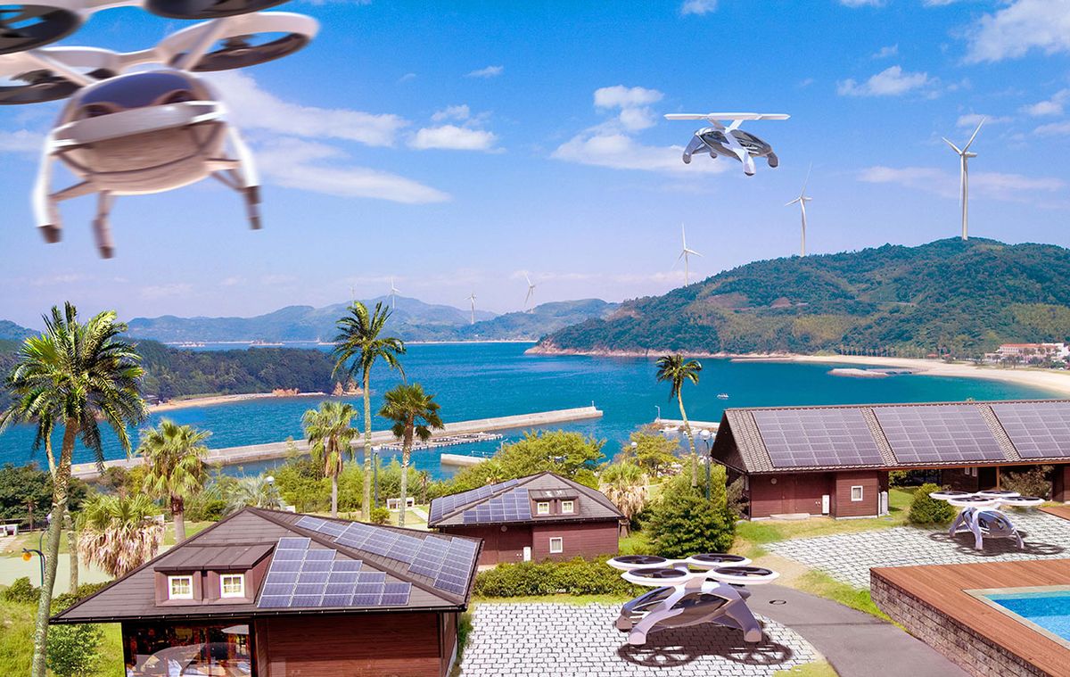 Illustration imagining Japan's future flying cars.
