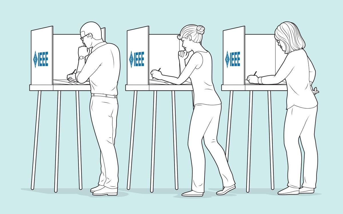 illustration of 3 people standing at voting booths thats read “IEEE” on side